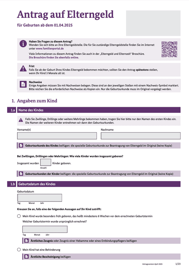The completed 23-page Elterngeld application